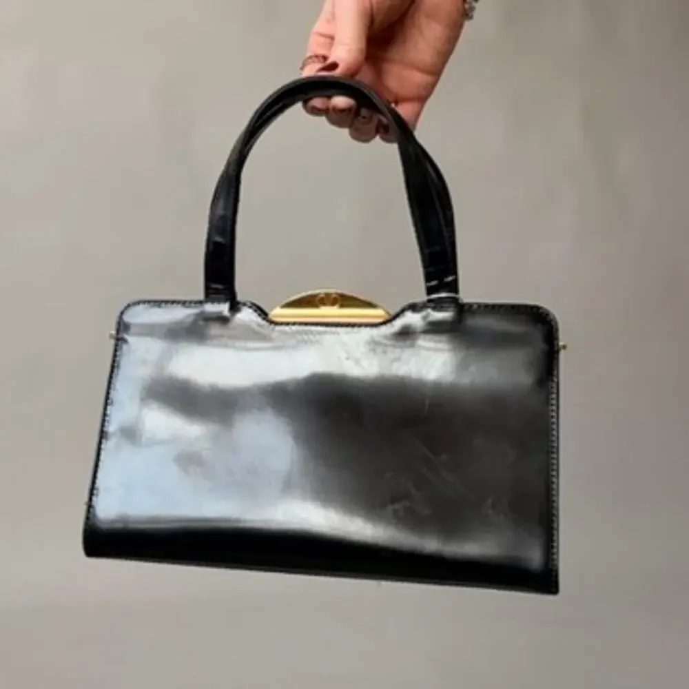 Vintage Valentino 80s Black Patent Leather Bag w/ Gold Clasp